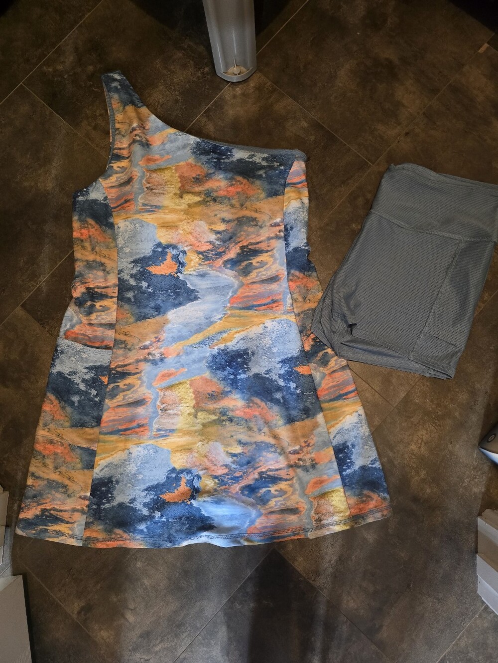 Womens One-Shoulder Marble Print Dress in Blue & Orange